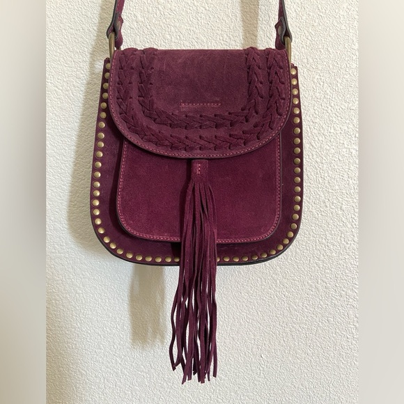 Sundance fringe wine burgundy suede studded western adjustable bag crossbody - Picture 3 of 16